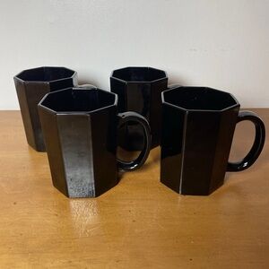 Arcoroc Octime Coffee Mugs Cups Black Octagon Glass France Vintage 80’s Set Of 4